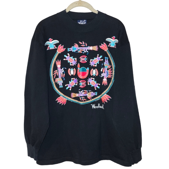 Vintage 90s Native American Art Graphic Long Sleeve - 90s Folk Art Size Medium - Picture 1 of 10